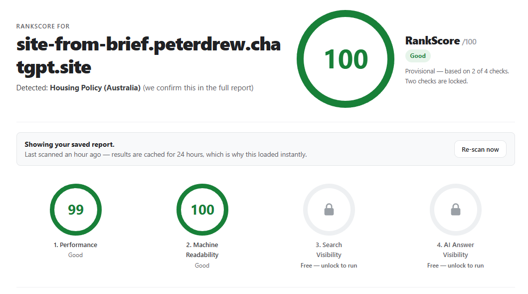 The same audit tool's report for the site after applying the course's AI prompt fixes, showing the overall score jumped to 100 out of 100 rated Good, with Machine Readability now scoring 100.